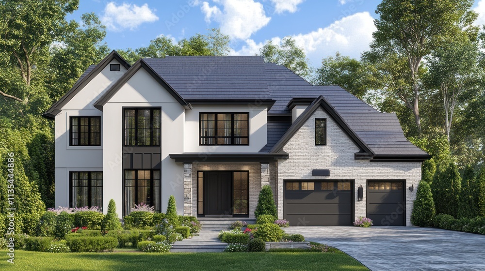 Modern Two-Story House Design with Black Accents and Landscaping Modern Two-Story House Design with Black Accents and Landscaping