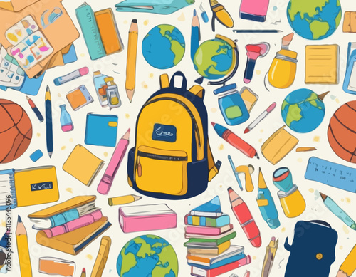 Big set of school supplies and education stickers. Back to school. Backpack, books, globe, pencil box, paints, ruler, pen, pencil. Suitable for prints, cards, paper crafts, scrapbooking.