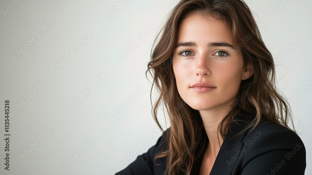 Young Businesswoman Looking Confidently at Camera in Minimalist Setting Young Businesswoman Looking Confidently at Camera in Minimalist Setting
