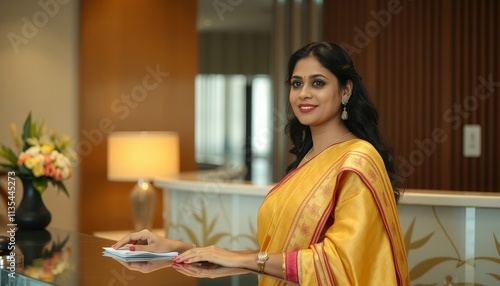 Radiant Elegance A Warm Welcome at Reception in Vibrant Saree - The soft glow of the lamp enhances the charm as the woman’s joyful demeanor brightens the inviting space adorned with fresh bloom