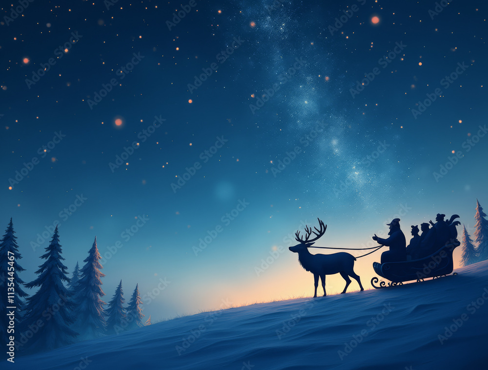 Night Sky with Reindeer Silhouette and Santa’s Sleigh Night Sky with Reindeer Silhouette and Santa’s Sleigh