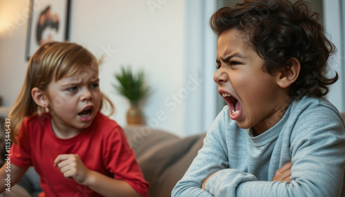 Echoes of Emotion Two Children Capturing the Intensity of Youthful Arguments Amidst a Cozy Indoor Setting.