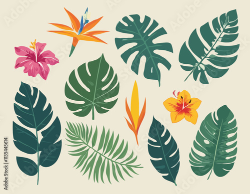 Set of tropical leaves and exotic flower. Palm, banana leaf, hibiscus, plumeria flowers, bird of paradise. Bouquets with tropical flowers. Vector flat cartoon illustration.