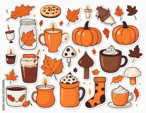 Autumn sticker set. Cozy fall icons. Scarf, candles, hot cocoa, socks, pie, pumpkin spice latte, mug, jam, leaves, mushrooms. Cute autumn holiday elements. Vector flat illustration.