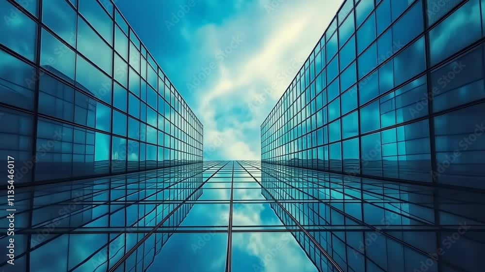 Reflections of modern architecture under a clear blue sky captured from the ground level perspective Reflections of modern architecture under a clear blue sky captured from the ground level perspective