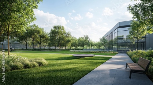 Fototapeta Naklejka Na Ścianę i Meble -  Modern Corporate Campus: Serene Landscaping and Architecture