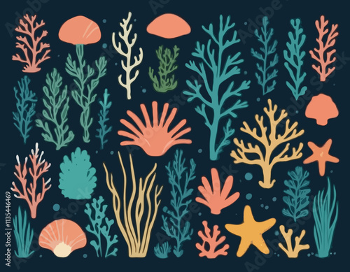 Set of coral and seaweed. Hand drawn aquarium plants, underwater ocean flora, seashell, algae, starfish. Vector marine plants and animals of the seabed. Flat cartoon illustration.