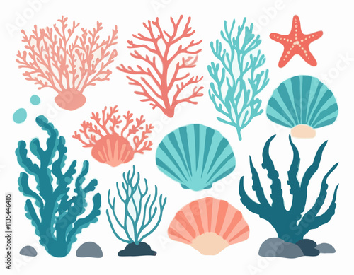 Set of coral and seaweed. Hand drawn aquarium plants, underwater ocean flora, seashell, algae, starfish. Vector marine plants and animals of the seabed. Flat cartoon illustration.
