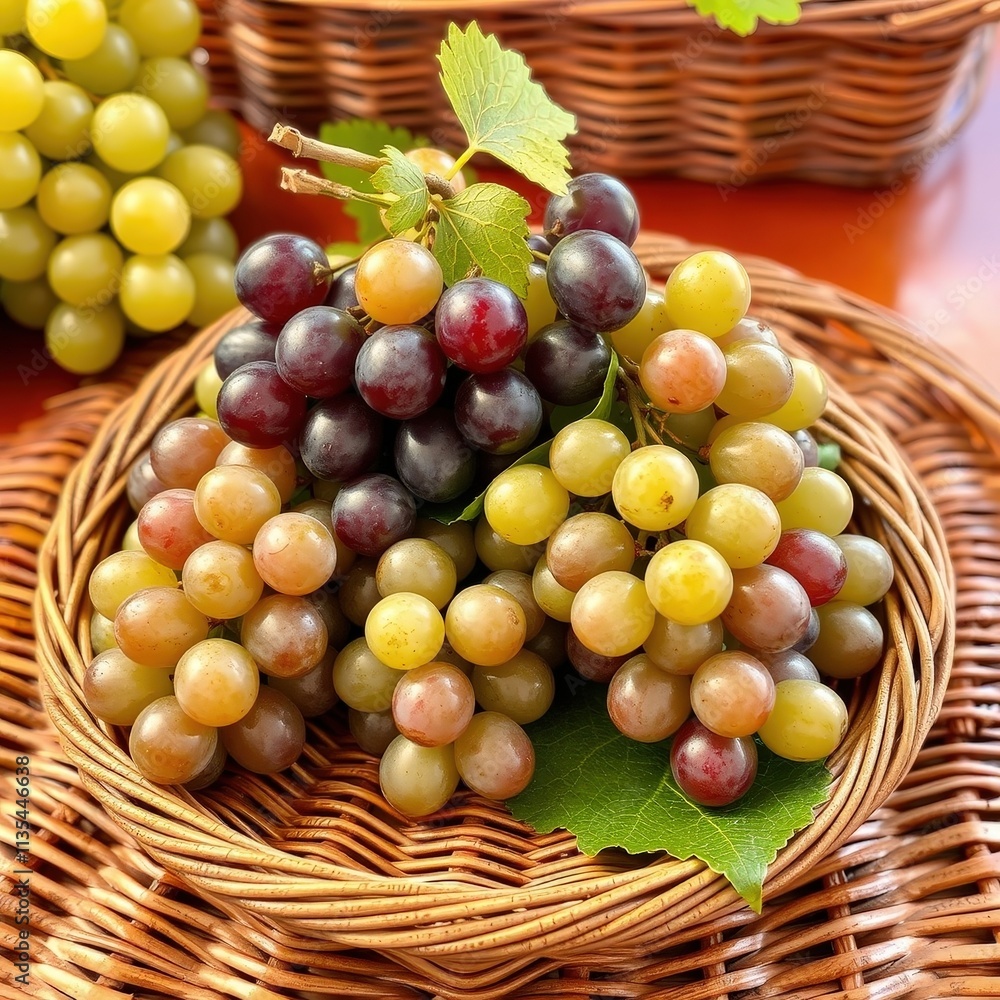 Bountiful Harvest A Wicker Basket Overflowing with Colorful Grapes and Lush Green Leaves, Framed by More Plump Bunches in a Verdant Setting. Bountiful Harvest A Wicker Basket Overflowing with Colorful Grapes and Lush Green Leaves, Framed by More Plump Bunches in a Verdant Setting.
