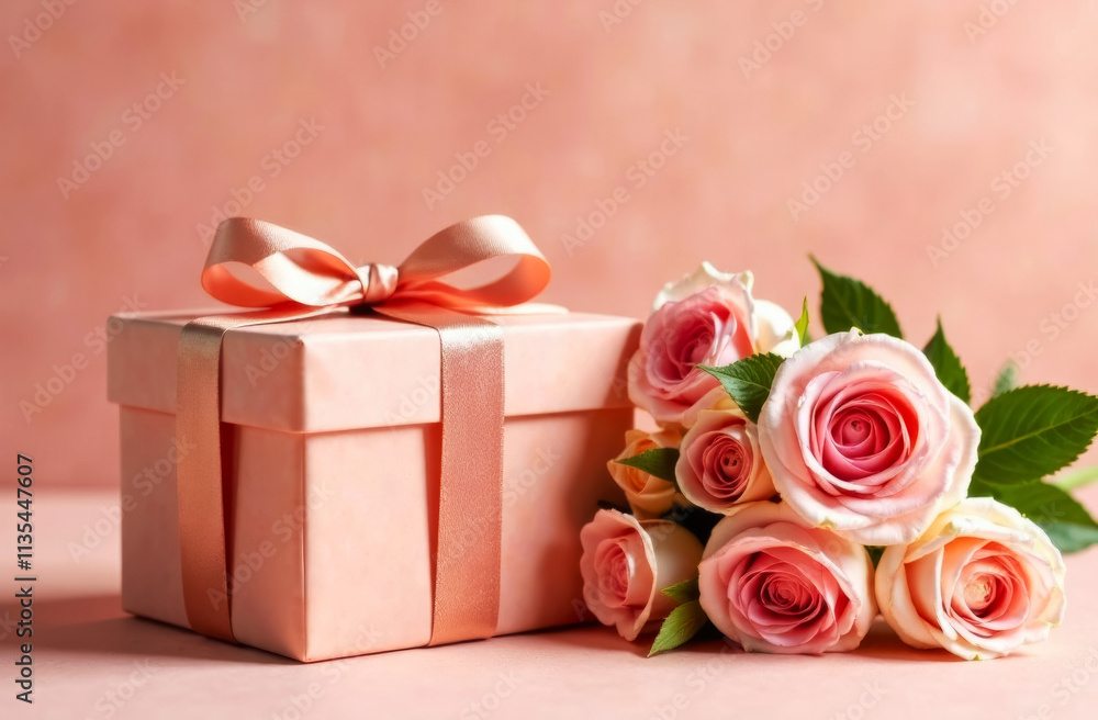 gift box with ribbon and bow next to bouquet of pink roses on mocha mousse background gift box with ribbon and bow next to bouquet of pink roses on mocha mousse background