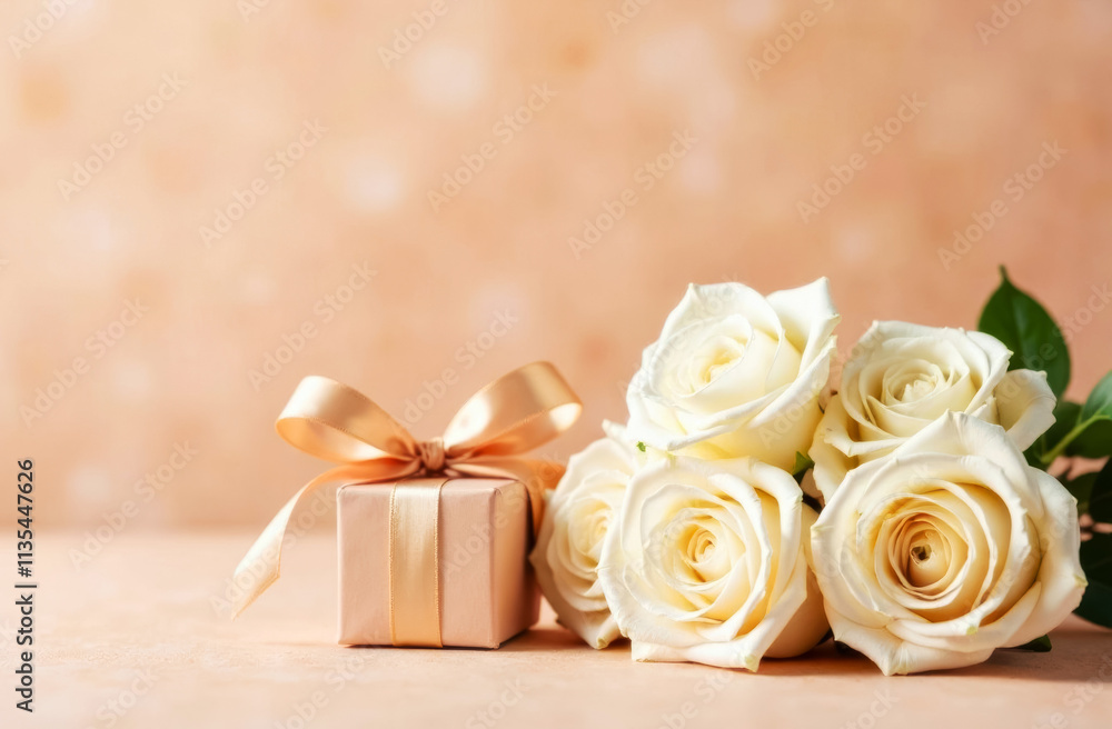 gift box with ribbon and bow next to bouquet of white roses on mocha mousse background gift box with ribbon and bow next to bouquet of white roses on mocha mousse background