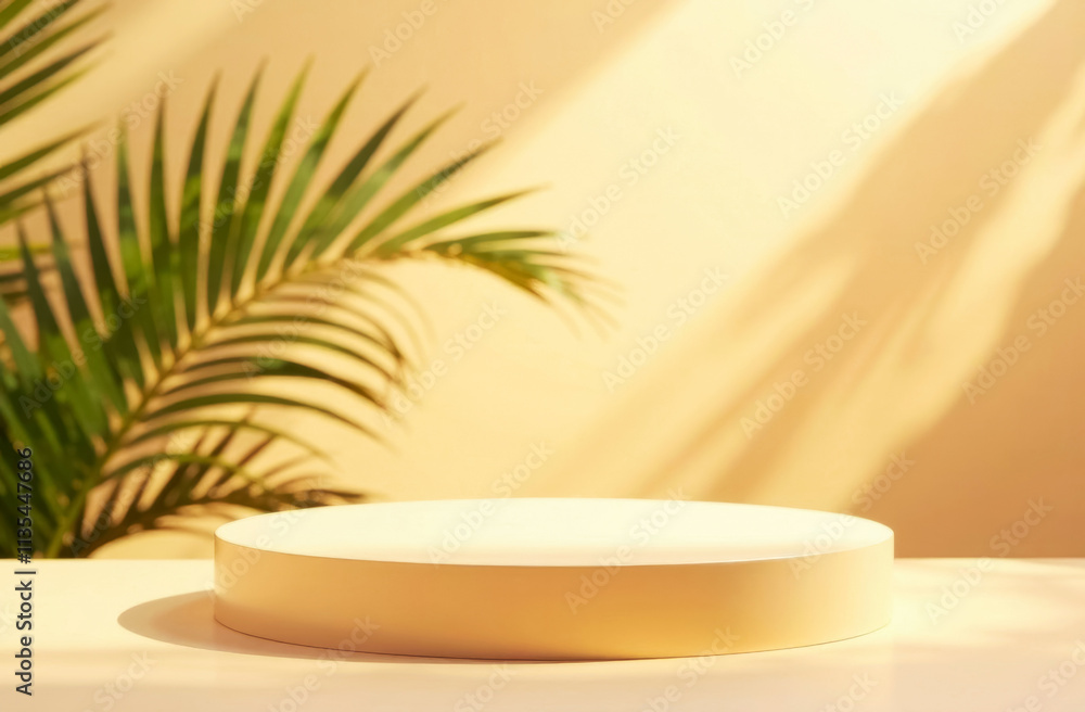 light brown product display podium against wall with palm branch shadow and sun rays light brown product display podium against wall with palm branch shadow and sun rays
