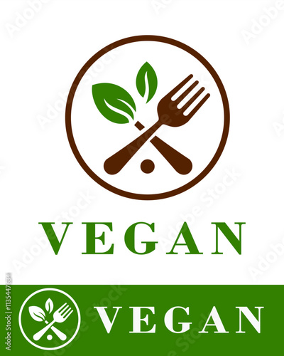 A vegan food logo design featuring a green leaf, fork, and spoon in a circular frame