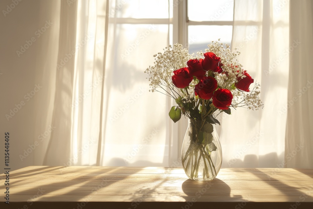 Fototapeta premium Sunlit vase of red roses and baby s breath on a wooden table by the window with white walls