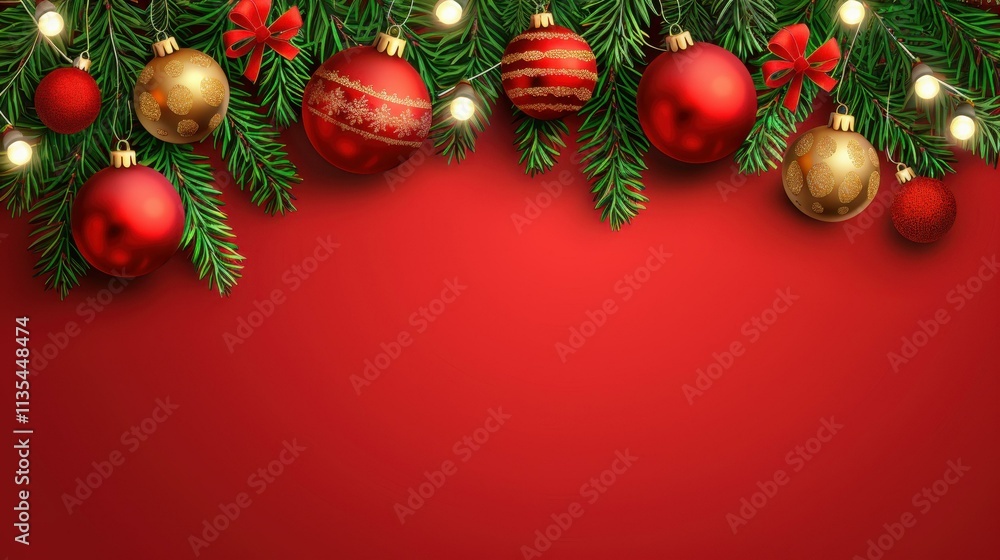 Adorn your holiday space with a stunning red and gold banner, twinkling lights, and festive ornaments on a fir tree Adorn your holiday space with a stunning red and gold banner, twinkling lights, and festive ornaments on a fir tree