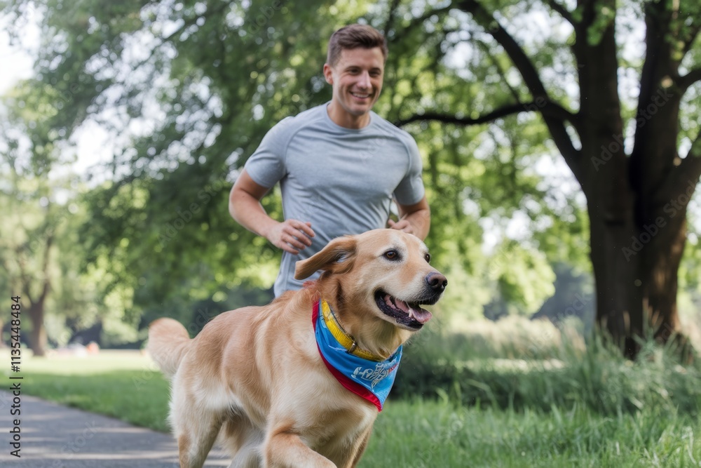 A man jogging with a golden retriever in a park on a sunny day. A man jogging with a golden retriever in a park on a sunny day.