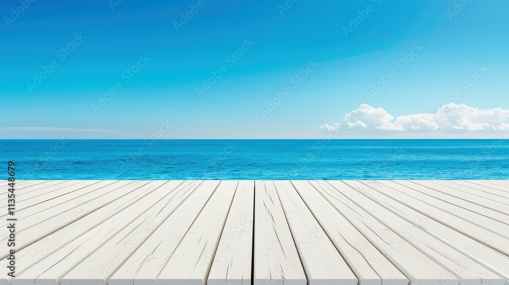 Fototapeta premium Experience the serene beauty of spacious architecture, with white walls and a wooden design against a blue sky backdrop.
