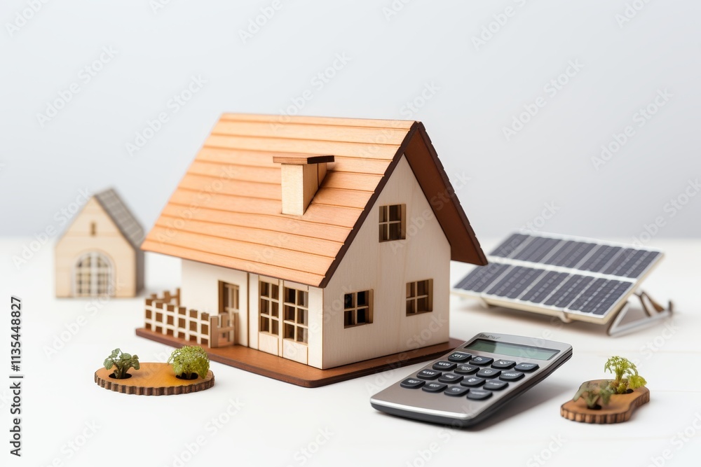Small wooden house model with energy label, coins, and calculator on a bright background Small wooden house model with energy label, coins, and calculator on a bright background