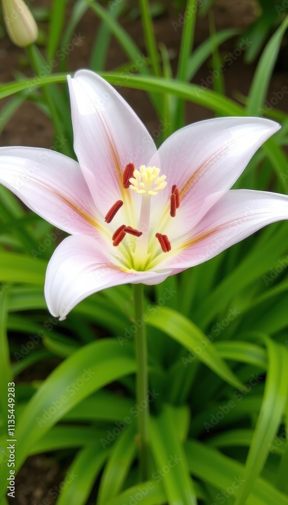 Fototapeta premium Delicate Starburst A Light Pink Flower Blooms Among Lush Greenery