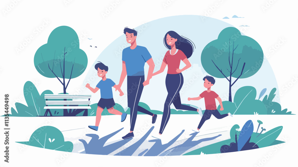Illustration of A couple and their children jogged happily in the park Illustration of A couple and their children jogged happily in the park