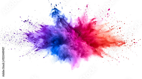 An explosion of colored powder against a white background, creating a vibrant abstract effect.