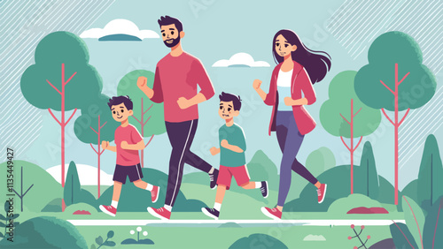 Illustration of A couple and their children jogged happily in the park 