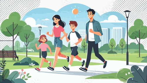 Illustration of A couple and their children jogged happily in the park 