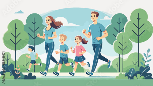 Illustration of A couple and their children jogged happily in the park 