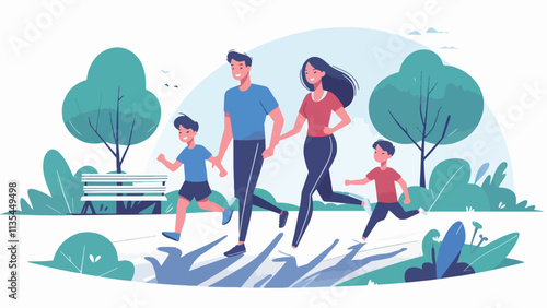 Illustration of A couple and their children jogged happily in the park 