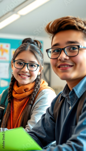 Joyful Minds in Study A Pair of Glasses Unite Two Smiles Among Books and Learning