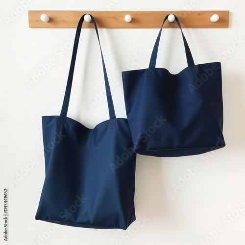 Cozy Elegance Dark Blue Tote Bags Grace a Rustic Wooden Wall Rack with Clean White Hooks