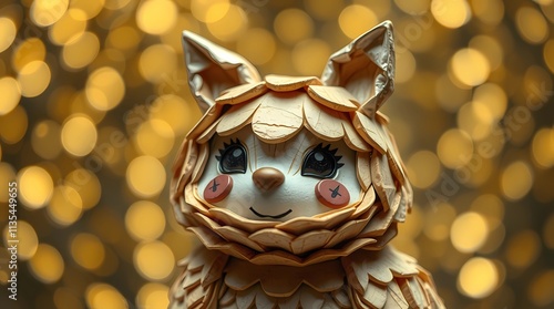 Cute and Quirky Plush Toy Animal. The toy is sitting against a bokeh background of warm, golden lights. Perfect for children's books, websites, or as a decorative element.