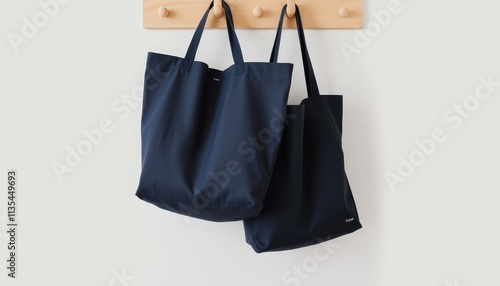 Chic Storage Two Sleek Dark Tote Bags Gracefully Suspend from a Rustic Wooden Hook Rack, Blending Functionality with Style.