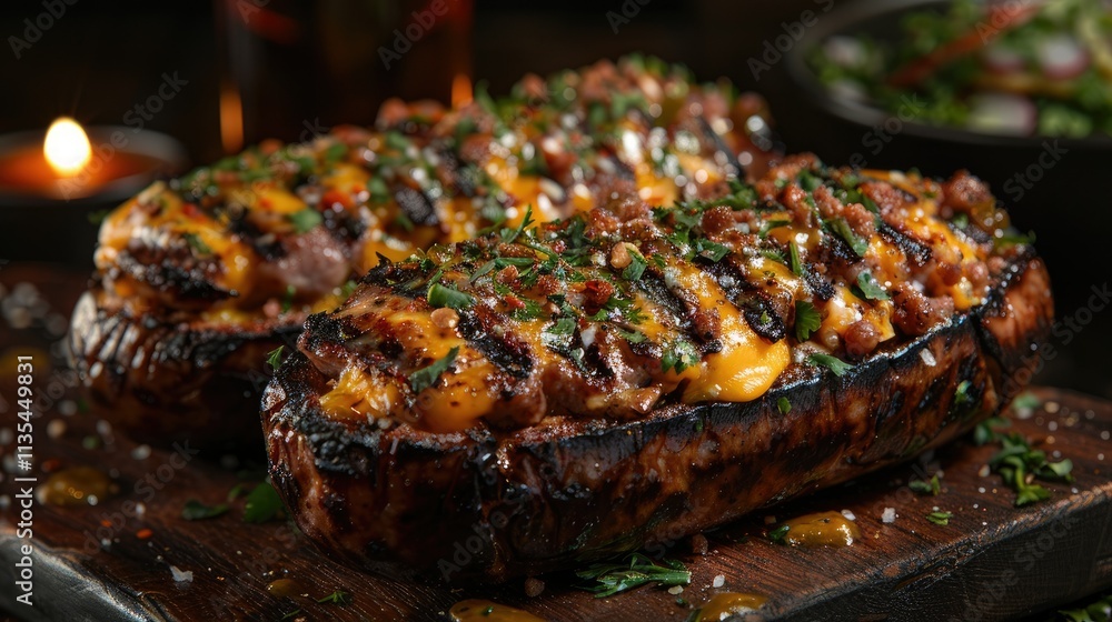 A close-up of grilled stuffed sausage topped with cheese and herbs on a wooden board. A close-up of grilled stuffed sausage topped with cheese and herbs on a wooden board.
