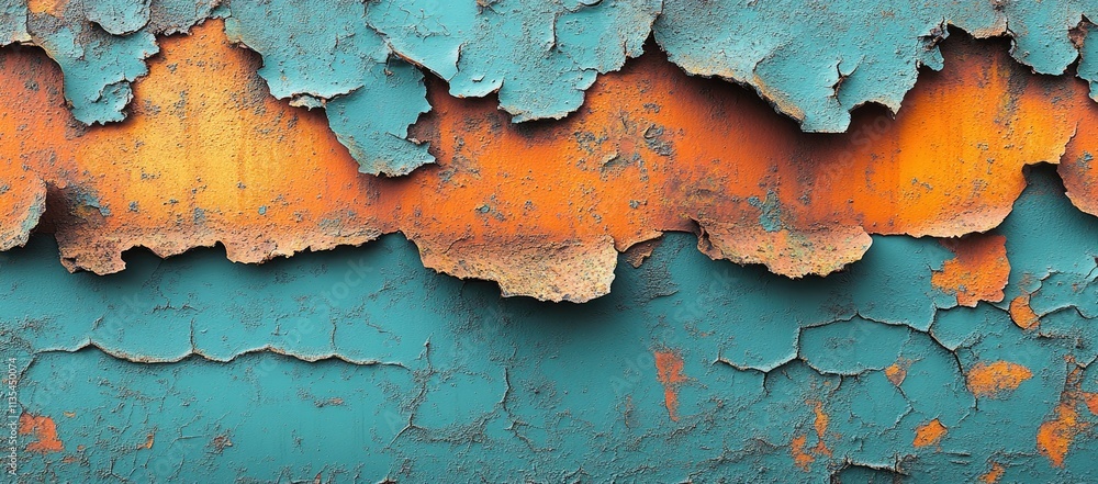 A close-up of peeling paint showcasing vibrant turquoise and orange layers. A close-up of peeling paint showcasing vibrant turquoise and orange layers.