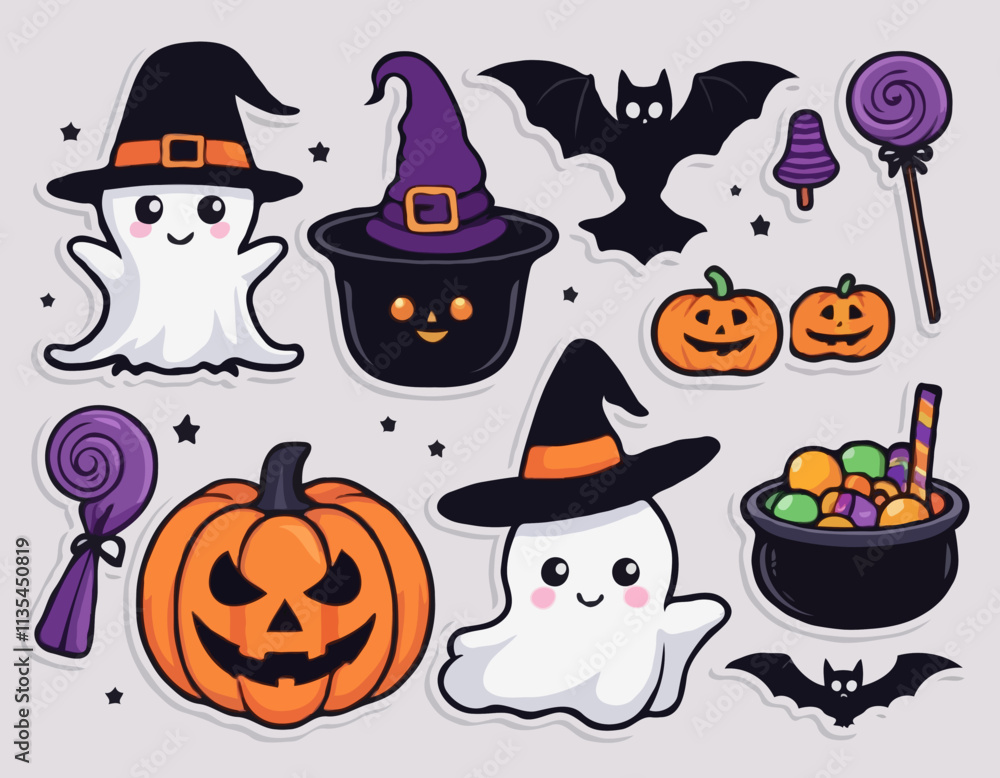 Halloween cute element set. Hat, ghost, bat, candy, fun pumpkins, witch's cauldron, spider. Perfect for stickers, greeting card, party invitation, poster. Hand drawn flat vector illustration. Halloween cute element set. Hat, ghost, bat, candy, fun pumpkins, witch's cauldron, spider. Perfect for stickers, greeting card, party invitation, poster. Hand drawn flat vector illustration.