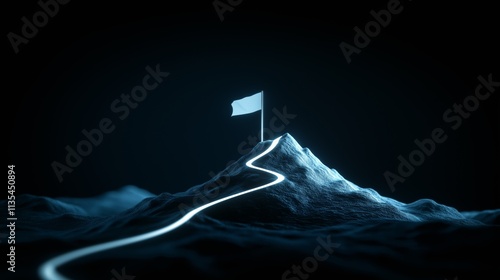 Mountain peak with a white flag and glowing path at night. photo