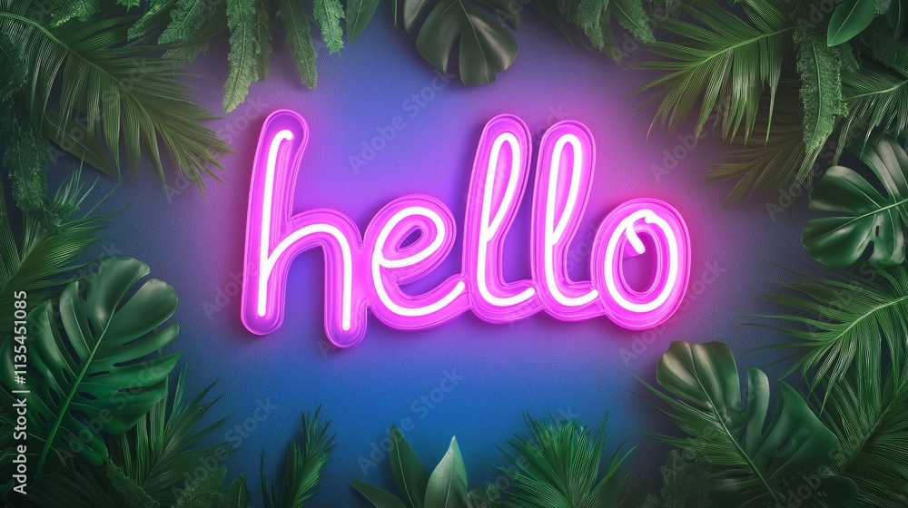 Neon sign with the word hello surrounded by tropical leaves in a vibrant setting. Neon sign with the word hello surrounded by tropical leaves in a vibrant setting.