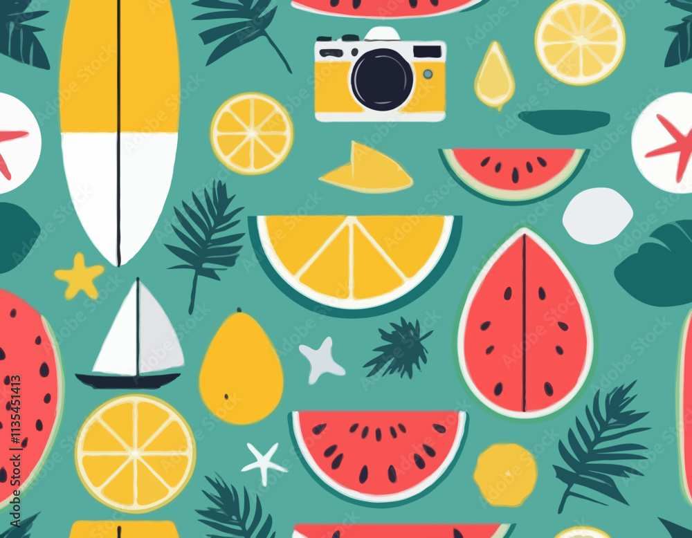 Summer icons set. Holiday beach elements for tropical vacation. Minimalist geometric style. Boat, surfboard, watermelon, lemon, seashell, photo camera, palm tree. Vector flat illustration. Summer icons set. Holiday beach elements for tropical vacation. Minimalist geometric style. Boat, surfboard, watermelon, lemon, seashell, photo camera, palm tree. Vector flat illustration.