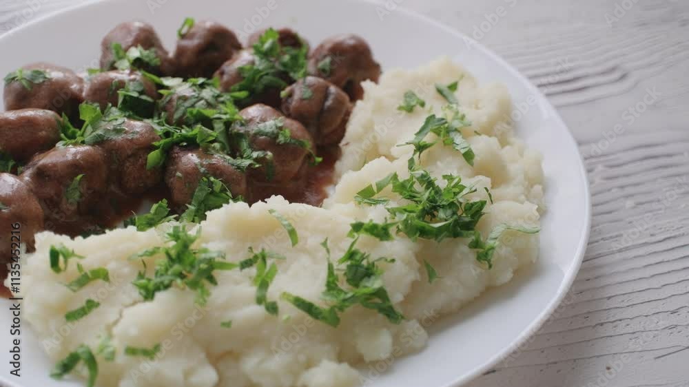 Swedish Meatballs with Gravy Sauce on a plate with mashed potatoes on a wooden background Swedish Meatballs with Gravy Sauce on a plate with mashed potatoes on a wooden background