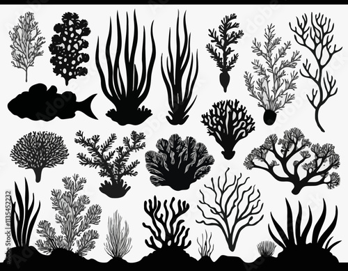 Set of sea corals and seaweed black silhouette. Aquarium plants, underwater ocean flora, algae. Vector illustration isolated on white background.