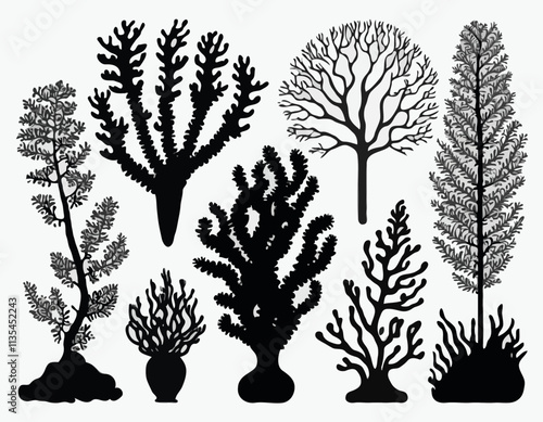 Set of sea corals and seaweed black silhouette. Aquarium plants, underwater ocean flora, algae. Vector illustration isolated on white background.