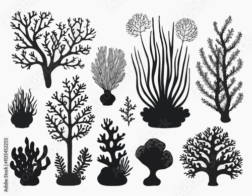 Set of sea corals and seaweed black silhouette. Aquarium plants, underwater ocean flora, algae. Vector illustration isolated on white background.