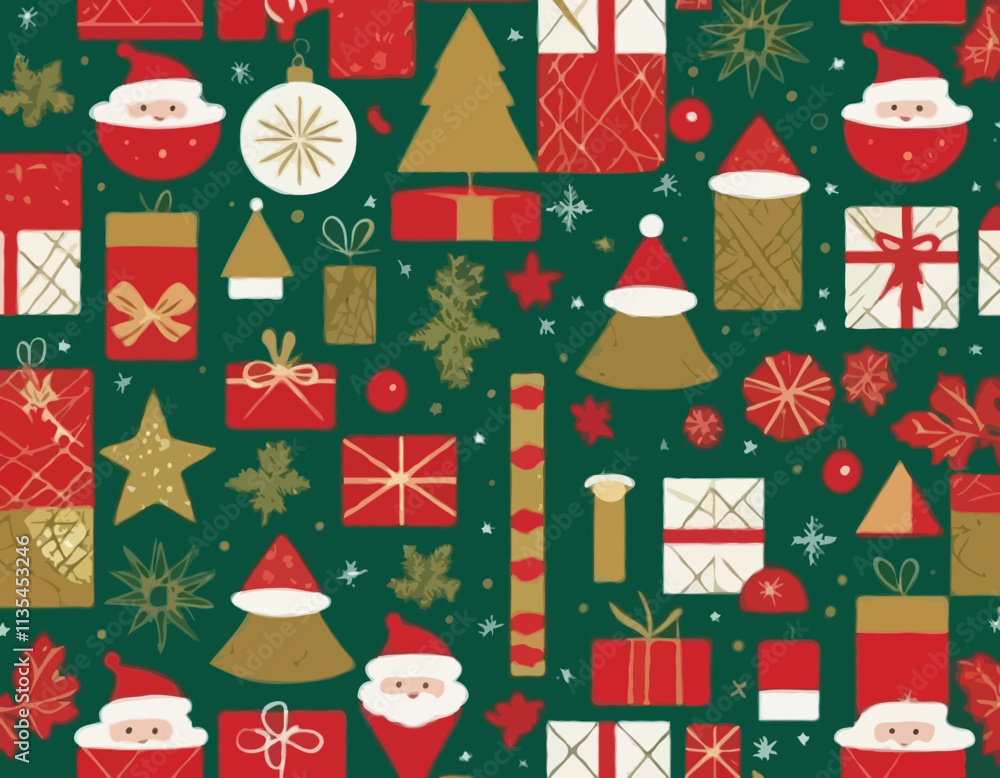 Christmas geometric seamless pattern with holiday icons elements for wrapping paper, background, wallpaper. Trendy modern contemporary abstract print. Red, green, gold colors. Christmas geometric seamless pattern with holiday icons elements for wrapping paper, background, wallpaper. Trendy modern contemporary abstract print. Red, green, gold colors.