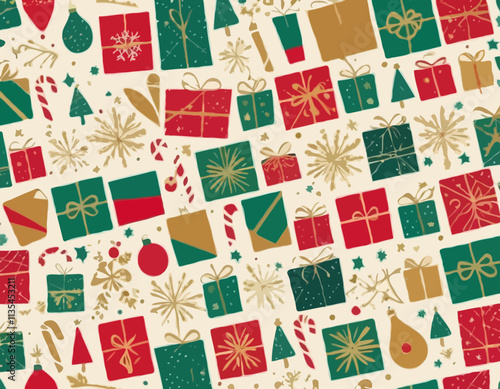 Christmas geometric seamless pattern with holiday icons elements  for wrapping paper, background, wallpaper. Trendy modern contemporary abstract print. Red, green, gold colors.