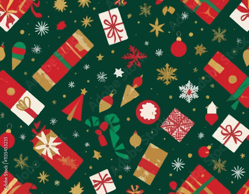 Christmas geometric seamless pattern with holiday icons elements  for wrapping paper, background, wallpaper. Trendy modern contemporary abstract print. Red, green, gold colors.