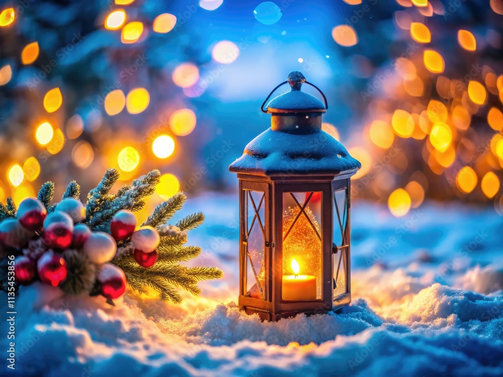 Gleaming Christmas lanterns illuminate a snowy winter scene, festive holiday magic captured in light. Gleaming Christmas lanterns illuminate a snowy winter scene, festive holiday magic captured in light.