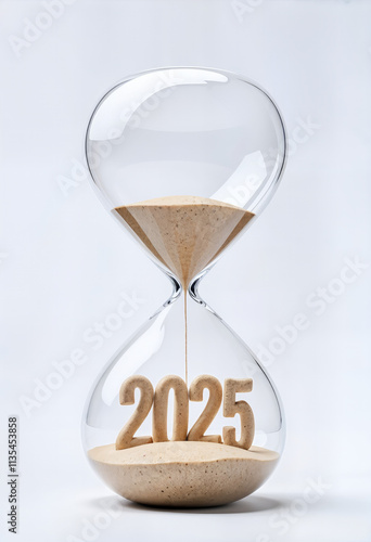 New Year 2025 concept with hourglass falling sand taking the shape of a 2025
