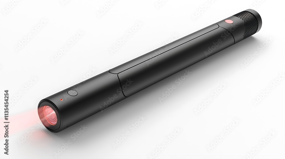 Sleek black laser pointer with red beam isolated on white. Sleek black laser pointer with red beam isolated on white.