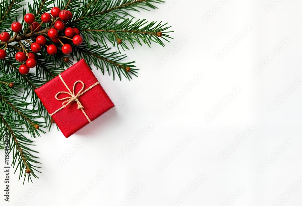 Red gift box with twine tied bow sits beside pine branches, red berries on white background. Christmas gift wrapping design template concept. Festive holiday decoration. Flat lay top view image. Red gift box with twine tied bow sits beside pine branches, red berries on white background. Christmas gift wrapping design template concept. Festive holiday decoration. Flat lay top view image.